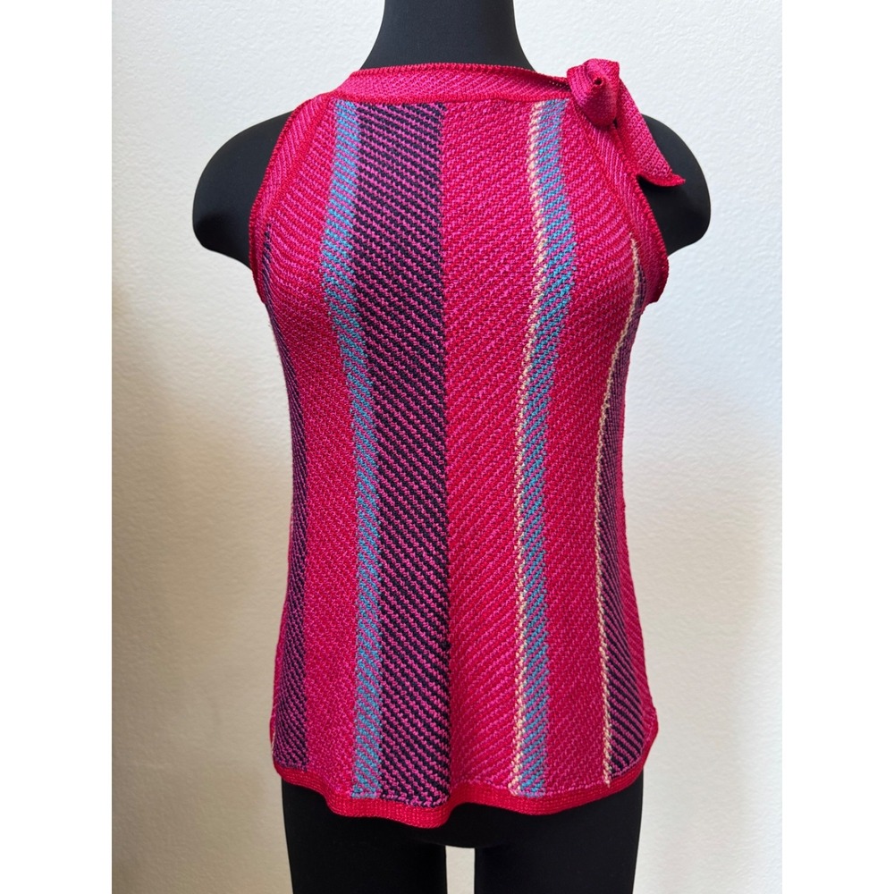 ANN TAYLOR Sleeveless Knit Sweater Hot Pink Purple Stripe Stretch PM Tie Accent